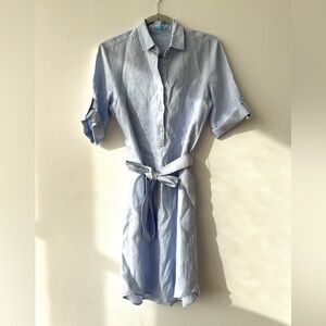 LN! J McLaughlin Blue Linen Popover Shirt Dress 3/4 Sleeve Classic Belted Small!